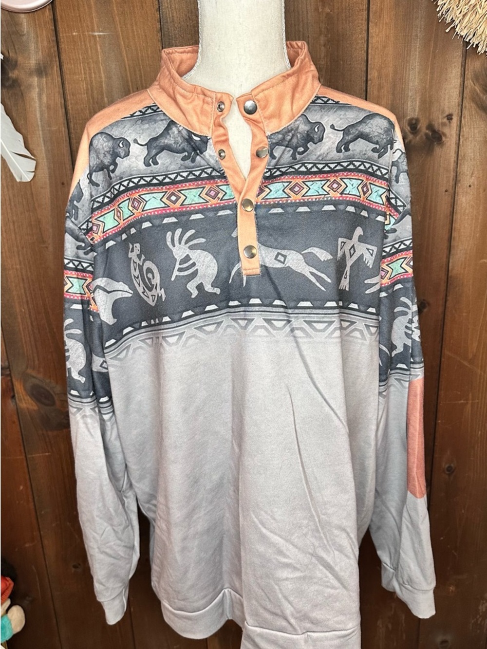 Southwestern Motif Pullover with Snap Collar
